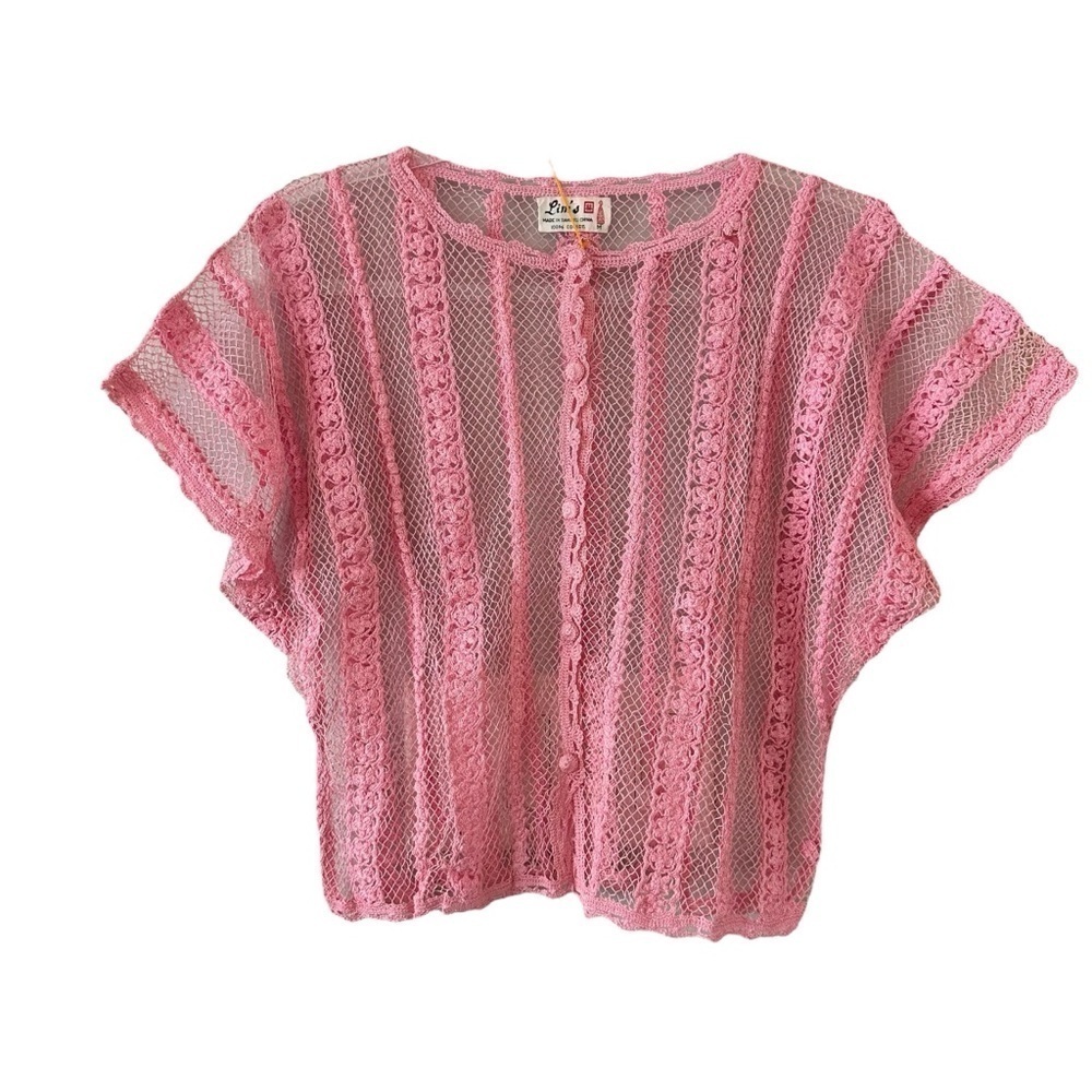 NWT vintage Lim's hand crochet lace pink short sleeve button down top / sweater